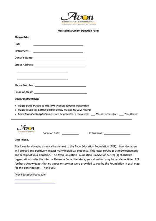 Musical Instrument Donation Form printable pdf download