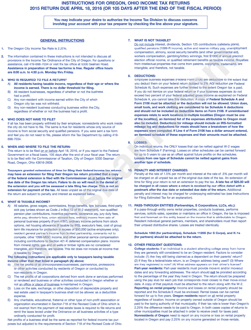 Instructions For Oregon, Ohio Tax Returns 2015 printable pdf