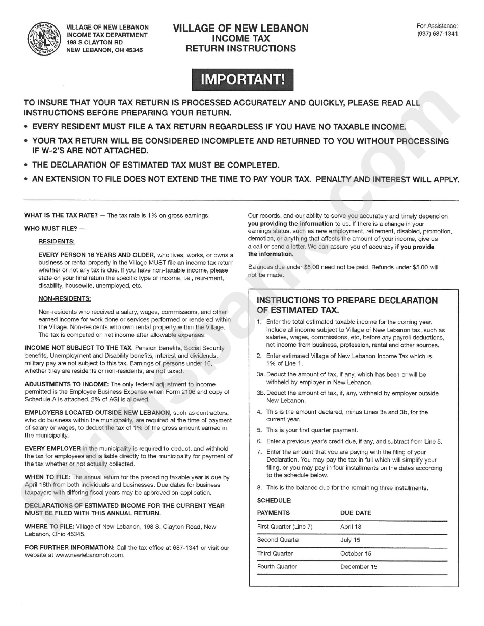 Tax Return Instructions Village Of New Lebanon printable pdf