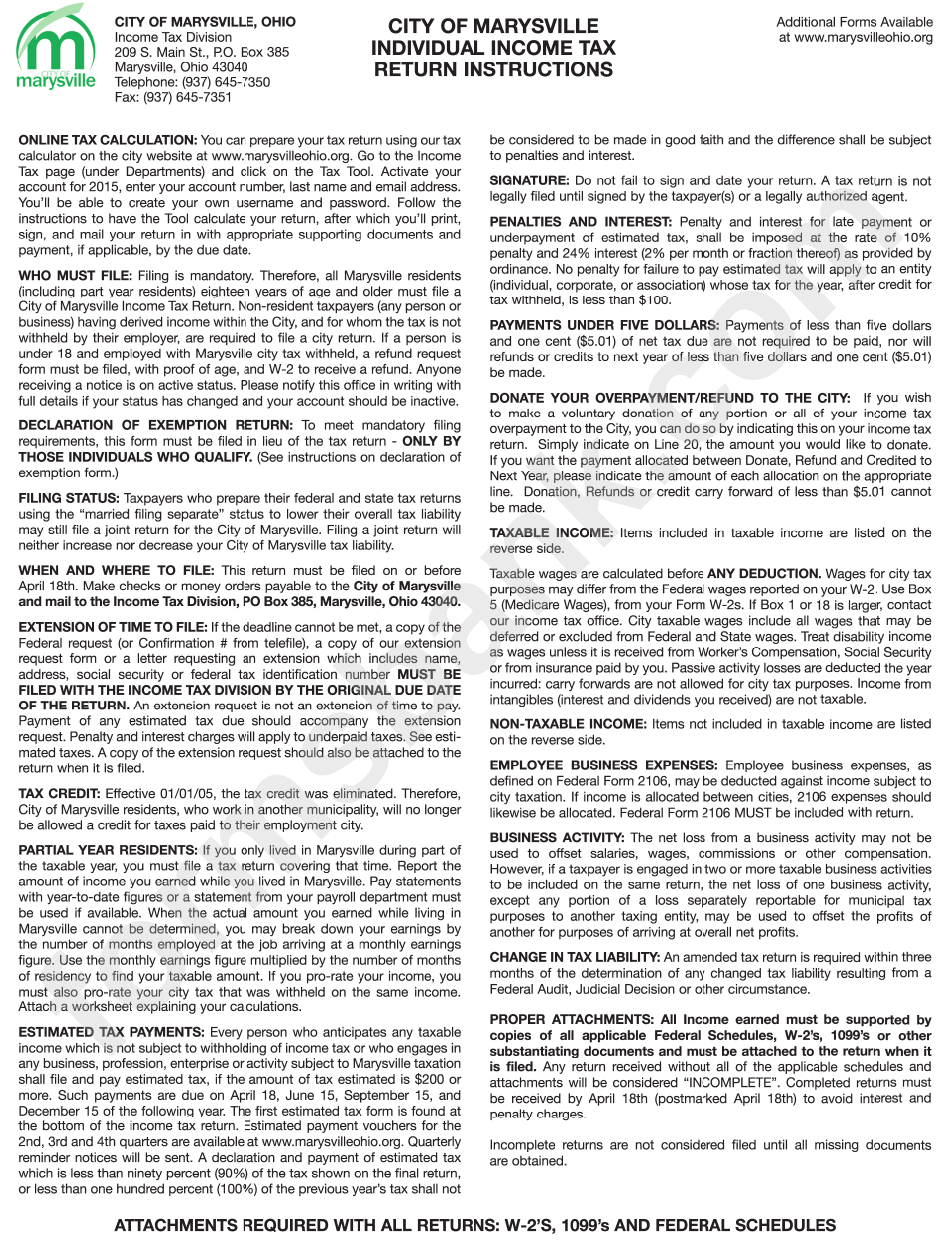 Individual Tax Return Instructions City Of Marysville