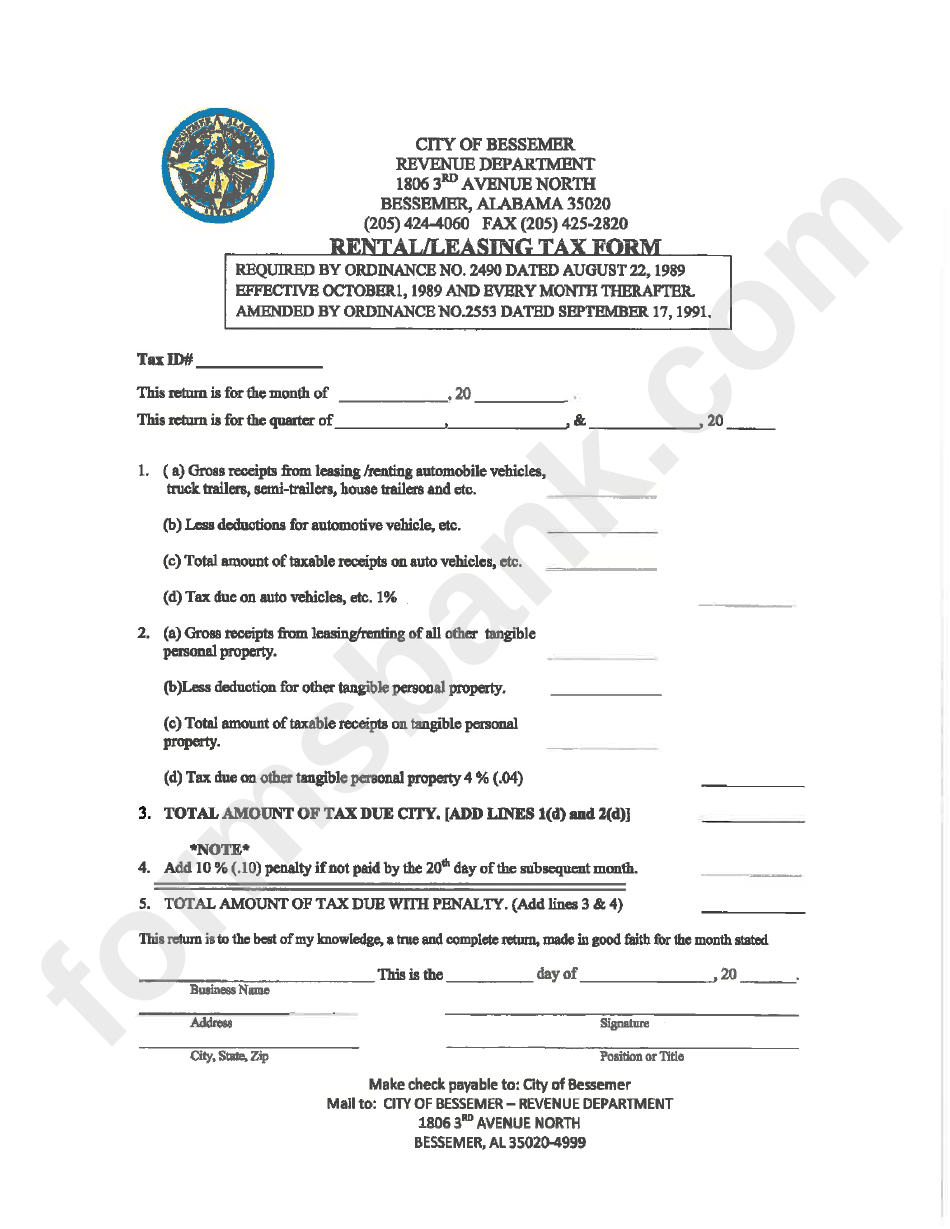Rental / Leasing Tax Form City Of Bessemer printable pdf download