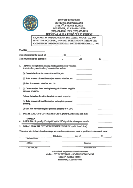 Rental / Leasing Tax Form City Of Bessemer printable pdf download
