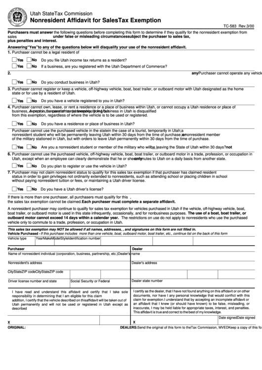 Form Tc583 Nonresident Affidavit For Sales Tax Exemption printable