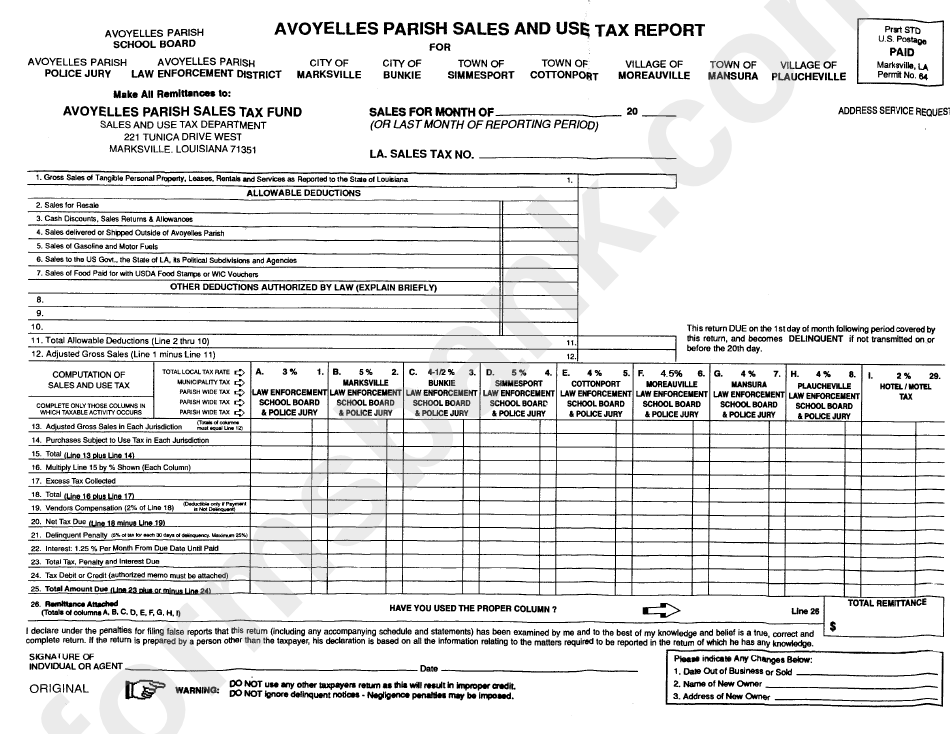 Sales And Use Tax Report Form Avoyelles Parish printable pdf download