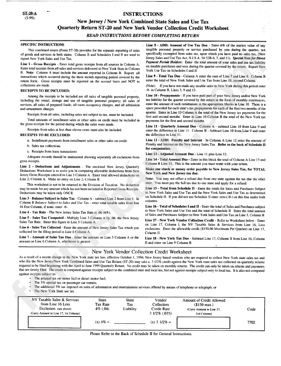 Form St20A Instructions New Jersey / New York Combined State