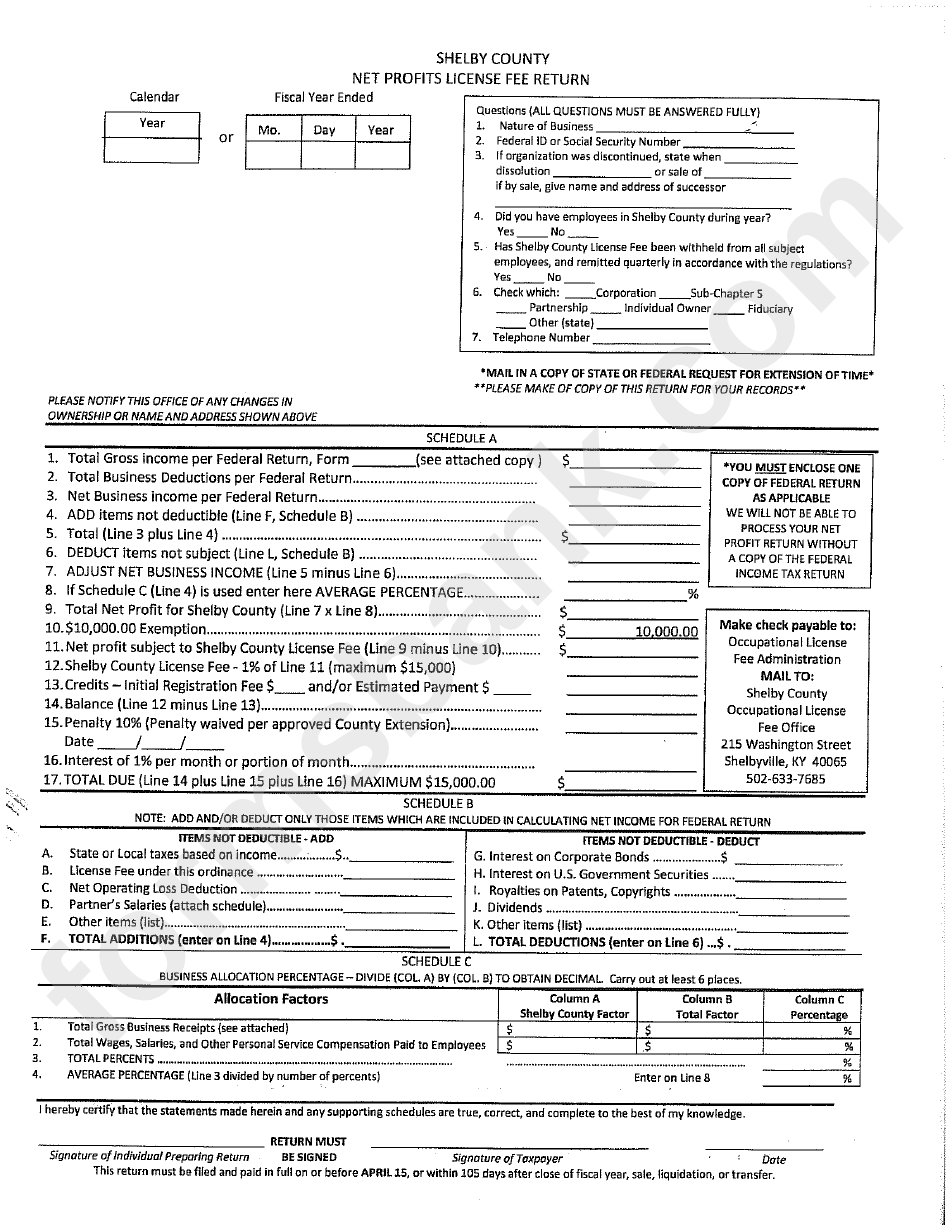 Net Profit License Fee Return Form printable pdf download