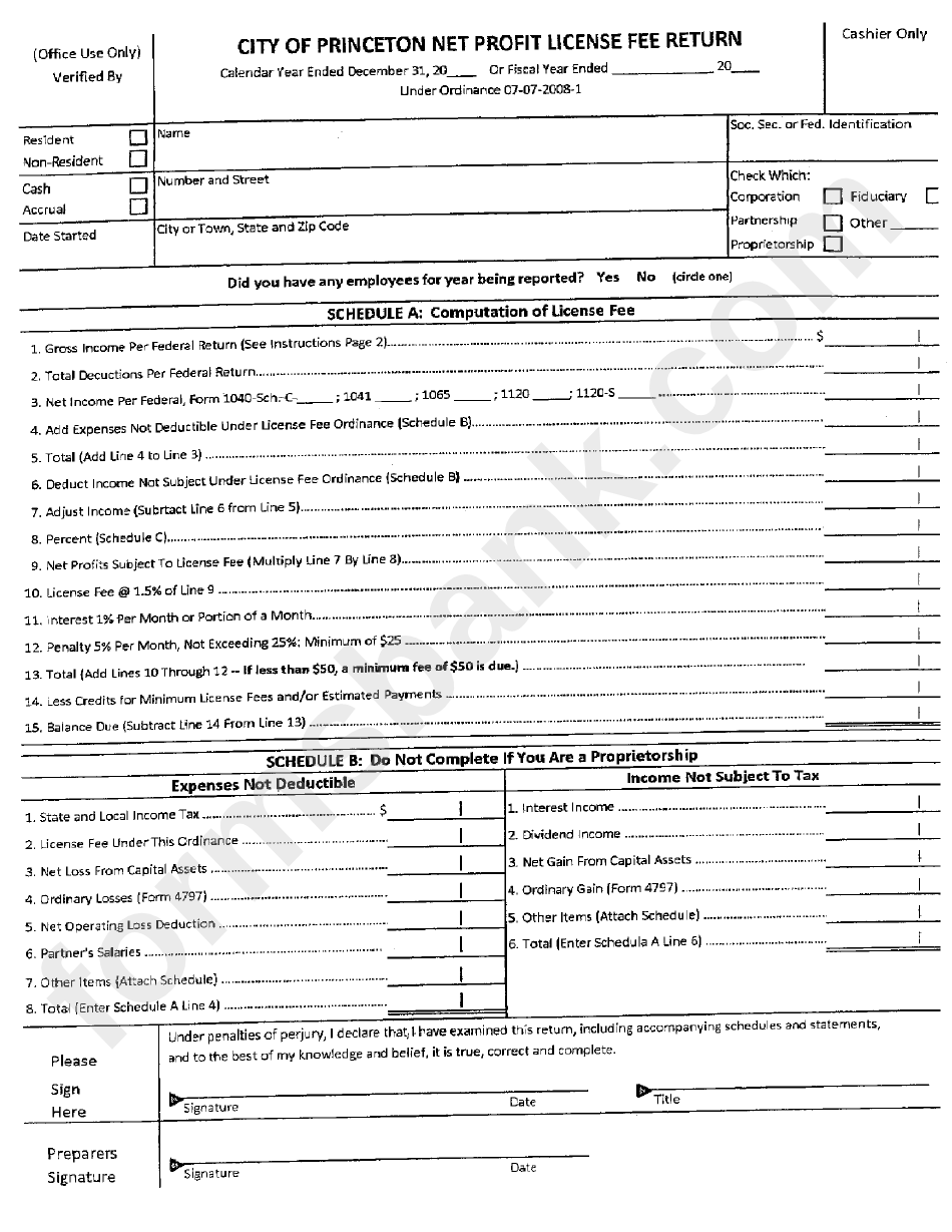 City Of Princeton Net Profit License Fee Return Form printable pdf download