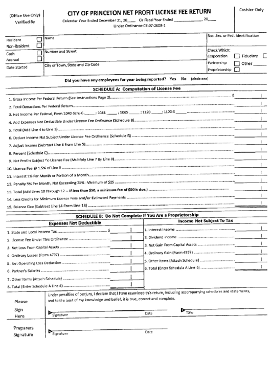 City Of Princeton Net Profit License Fee Return Form printable pdf download