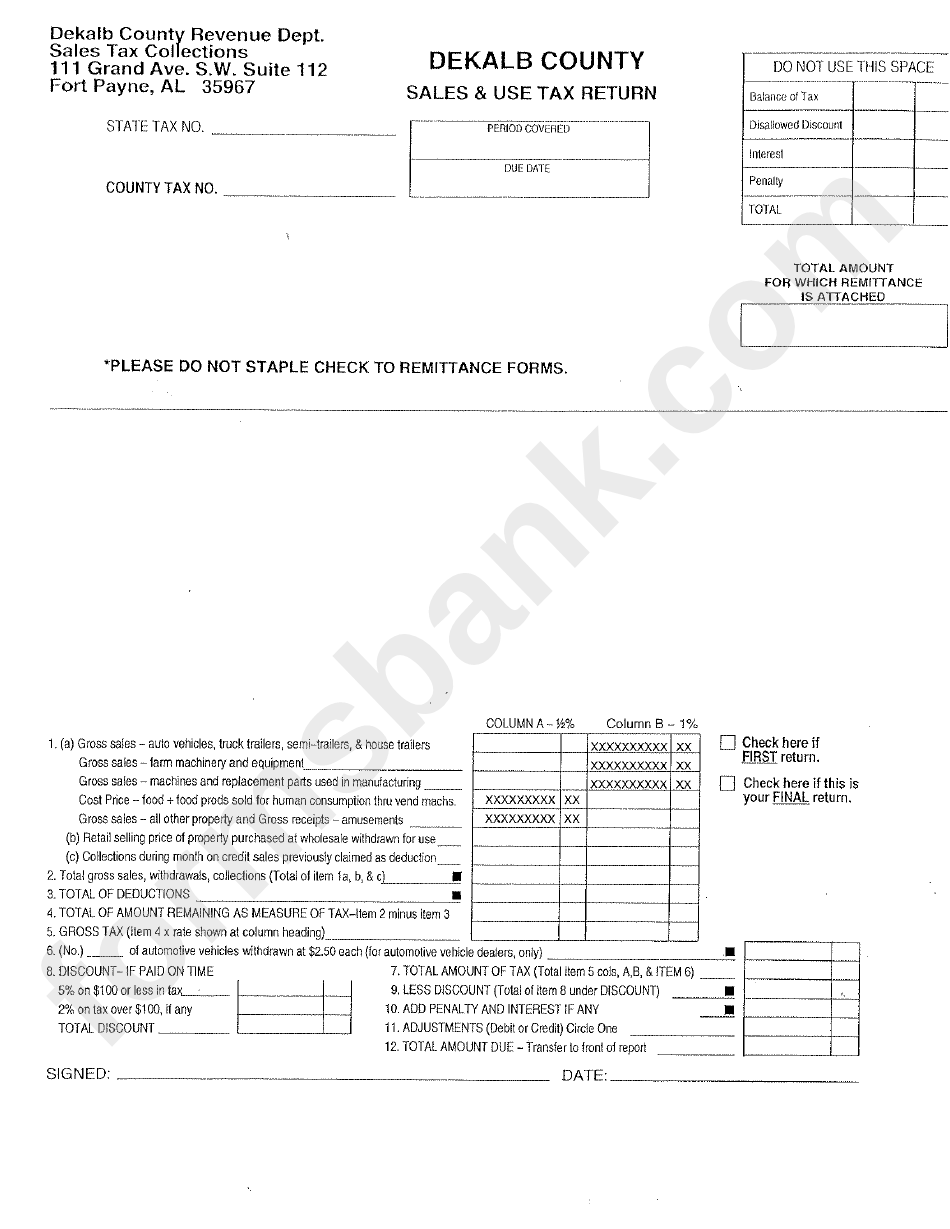 Sales / Use Tax Return Form Dekalb County printable pdf download
