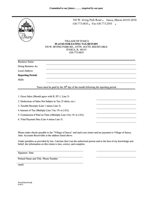 Food & Bev Tax Return Form Village Of Itasca printable pdf download