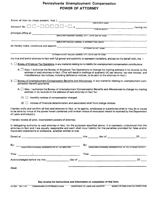 Form Uc884 Pennsylvania Unemployment Compensation Power Of