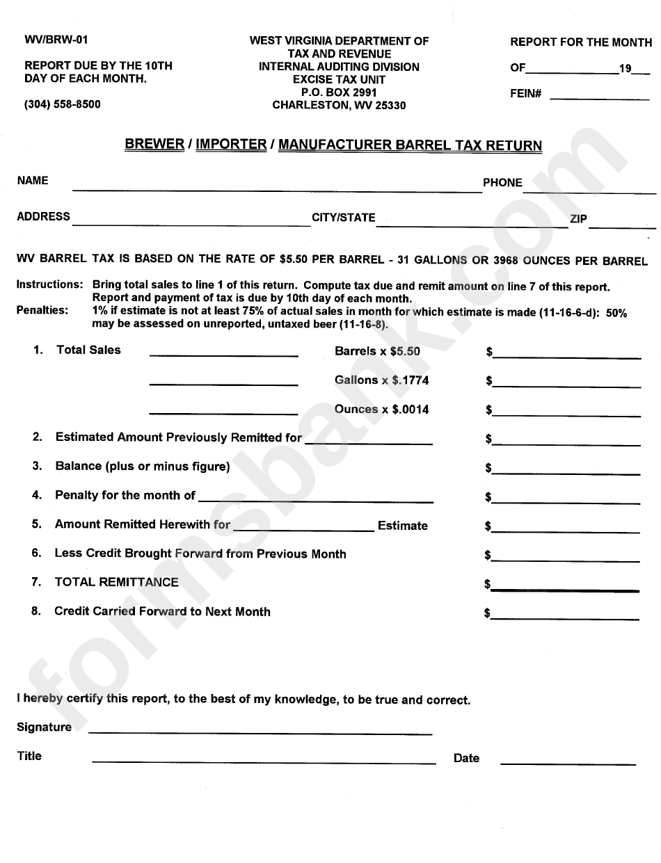 Form Wv/brw01 Brewer / Importer / Manufacturer Barrel Tax Return