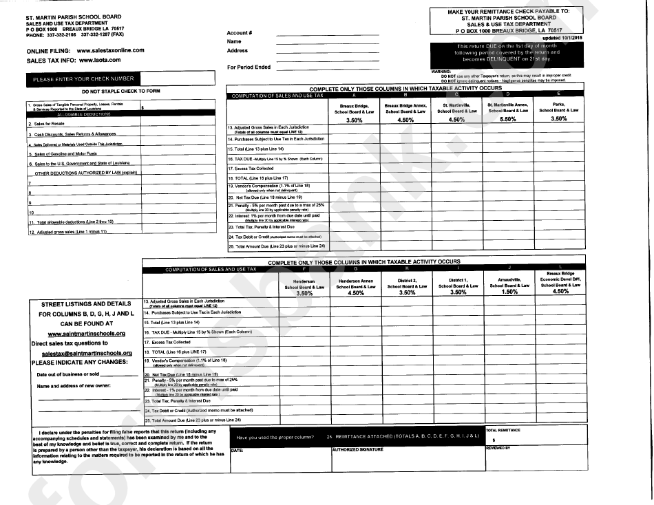 Sales / Use Tax Report Form St. Martin Parish printable pdf download