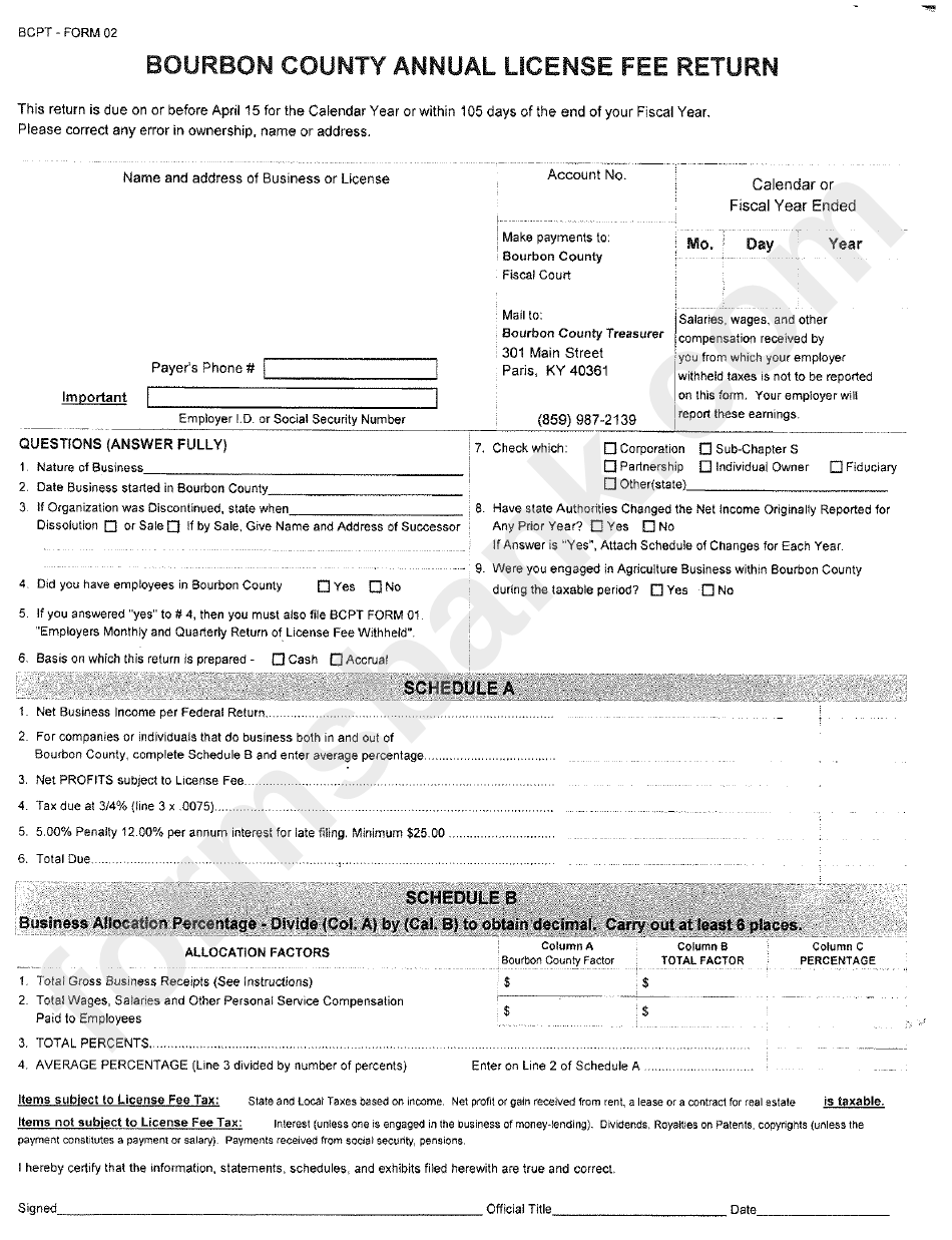 Bcpt Form 02 Bourbon County Annual License Fee Return printable pdf