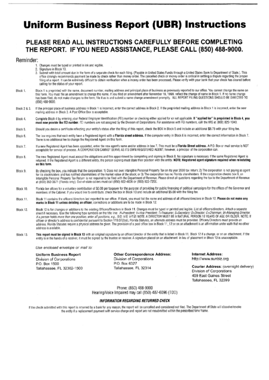 Uniform Business Report (Ubr) Instructions State Of Florida printable