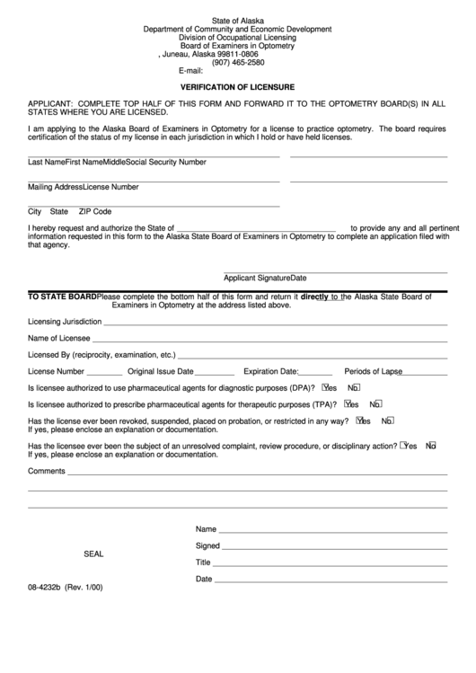 Form 084232b Verification Of Licensure State Of Alaska printable