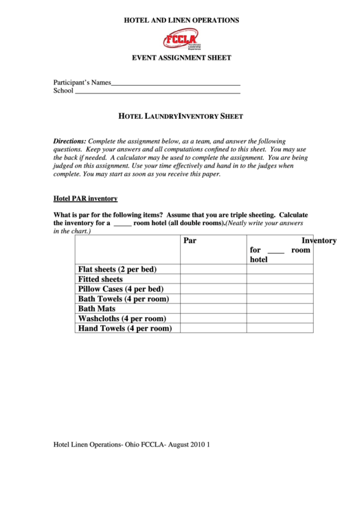 Hotel Laundry Inventory Sheet printable pdf download