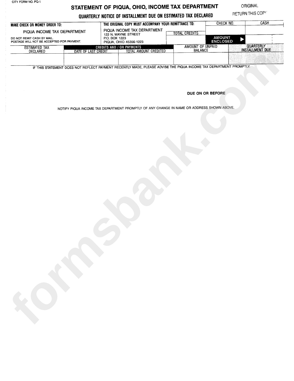 Form Pq1 Statement Of Piqua, Ohio, Tax Department printable
