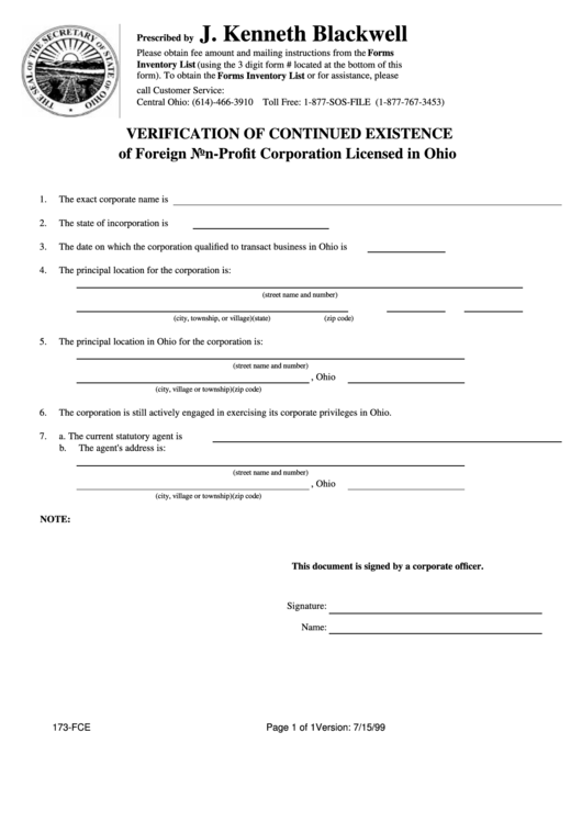 Form 173Fce Verification Of Continued Existence Of Foreign Non