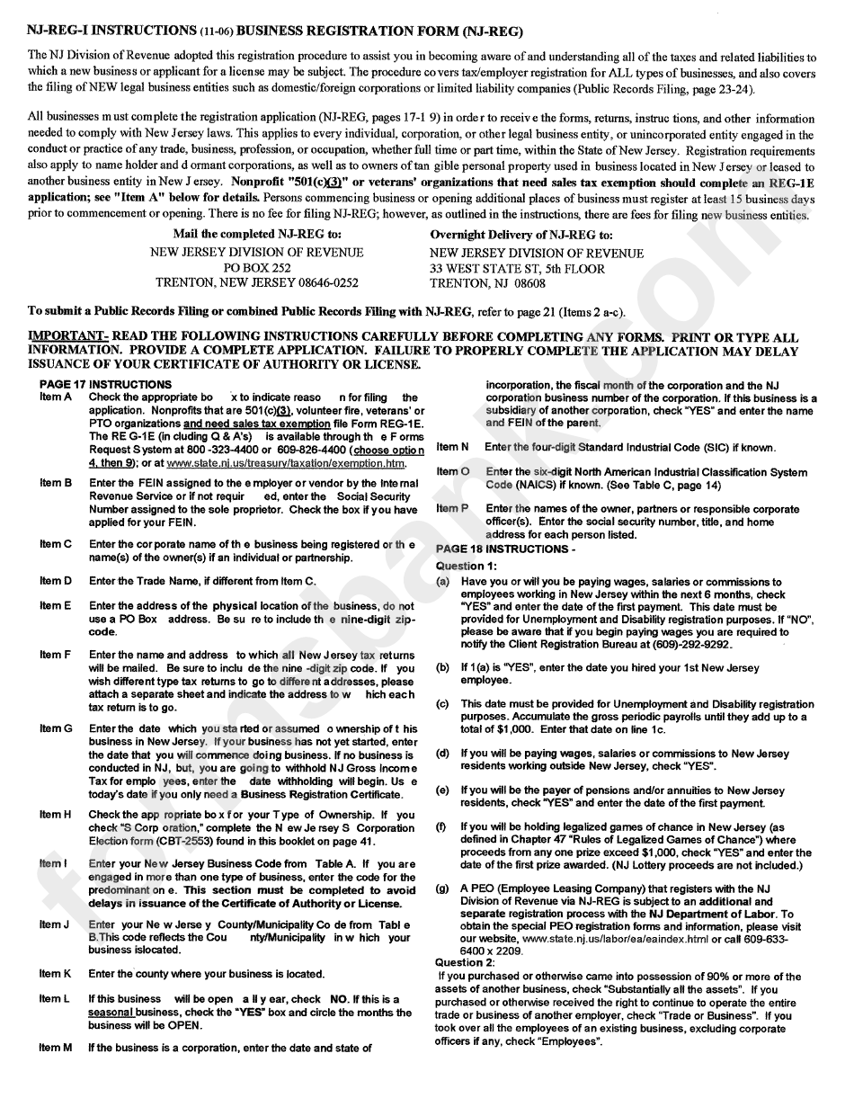 NjRegI Instructions (1106) Business Registration Form (NjReg