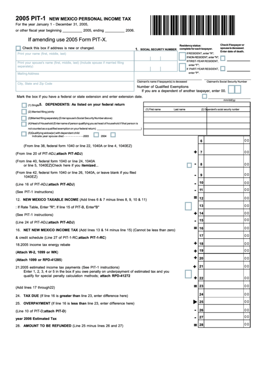 Form Pit1 New Mexico Personal Tax 2005