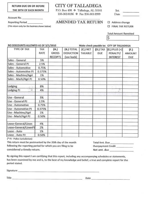 Amended Tax Return Form City Of Talladega printable pdf download
