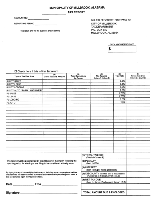 Tax Report Form Tax Department Millbrook Alabama printable pdf