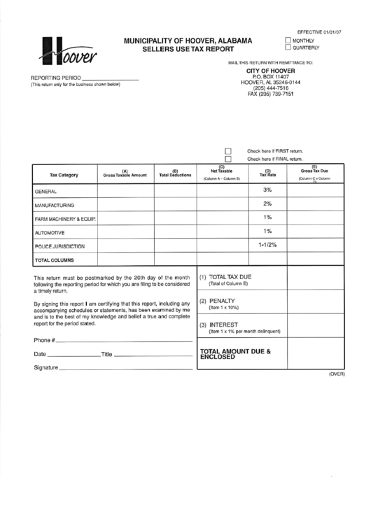 Sellers Use Tax Report Form City Of Hoover Alabama printable pdf