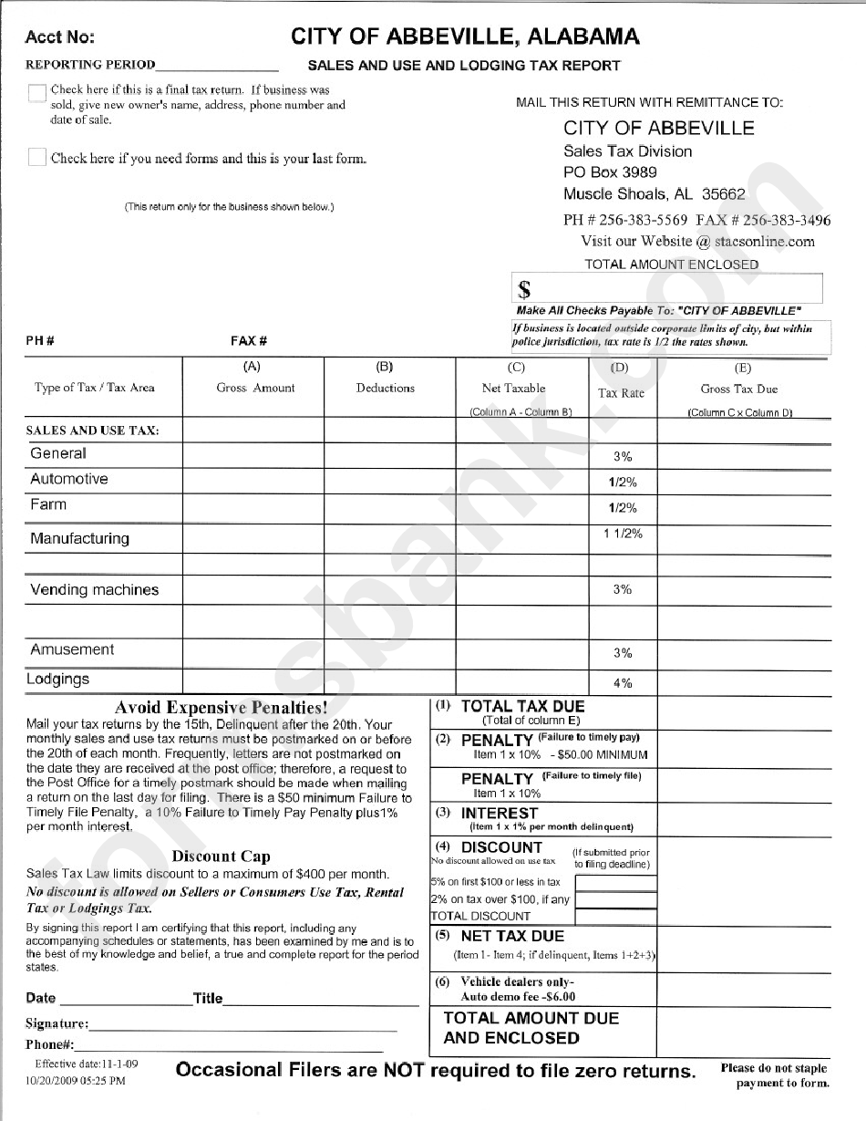 Sales And Use And Lodging Tax Report Form City Of Abbeville Alabama
