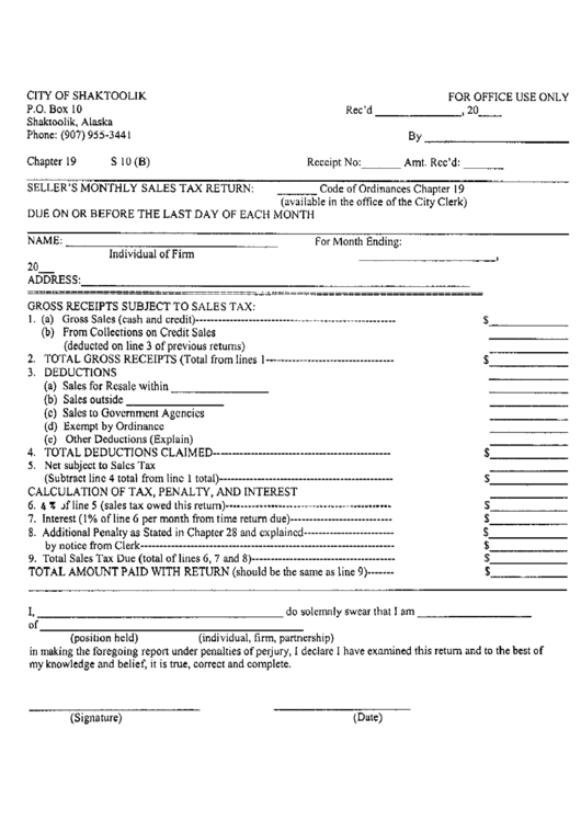 Seller'S Monthly Sales Tax Return Form City Of Shaktoolik Alaska