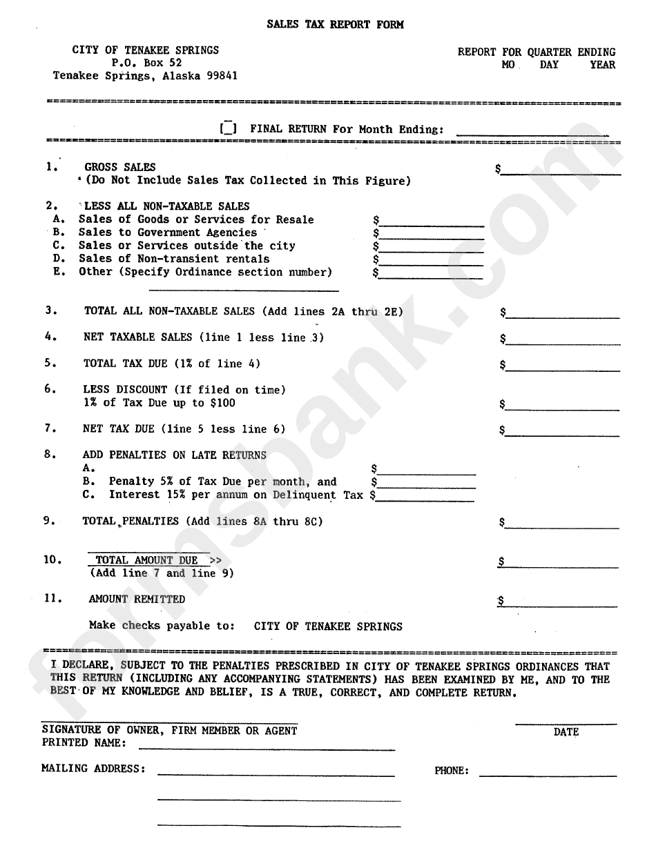 Sales Tax Report Form City Of Tenakee Springs Alaska printable pdf