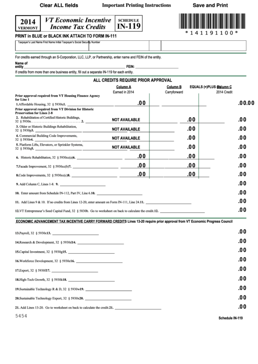 Fillable Schedule In119 Vt Economic Incentive Tax Credit