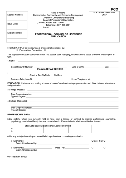 Form 084403 Professional Counselor Licensure Application printable