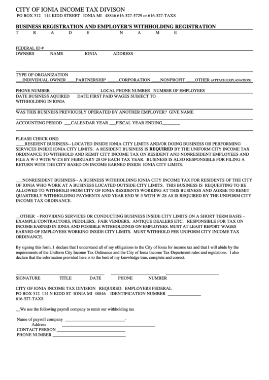 Business Registration And Employer'S Withholding Registration Form City Of Ionia Tax