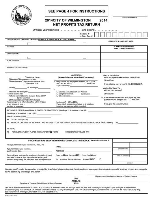 Net Profits Tax Return City Of Wilmington 2014 printable pdf download