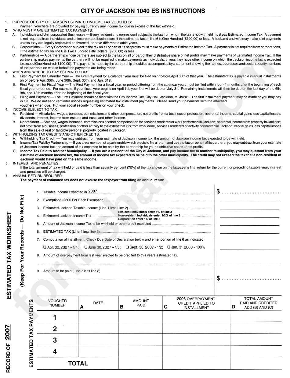 Form 1040 Es City Of Jackson 1040 Es Instructions printable pdf download