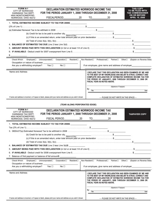 Form N1 Declaration Estimated Norwood Tax printable pdf download