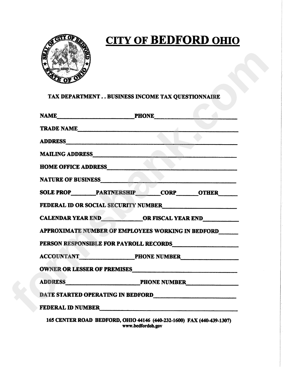 Business Tax Questionnaire Form State Of Ohio printable pdf