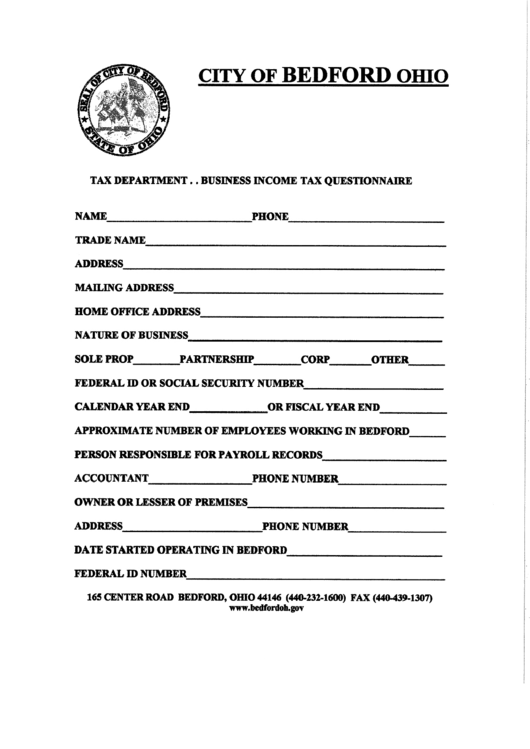 Business Tax Questionnaire Form State Of Ohio printable pdf