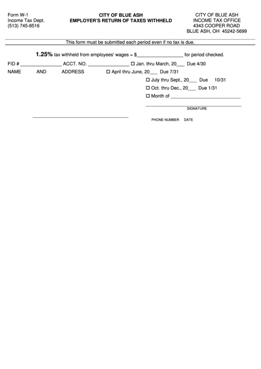 Form W1 Employer'S Return Of Taxes Withheld City Of Blue Ash printable pdf download