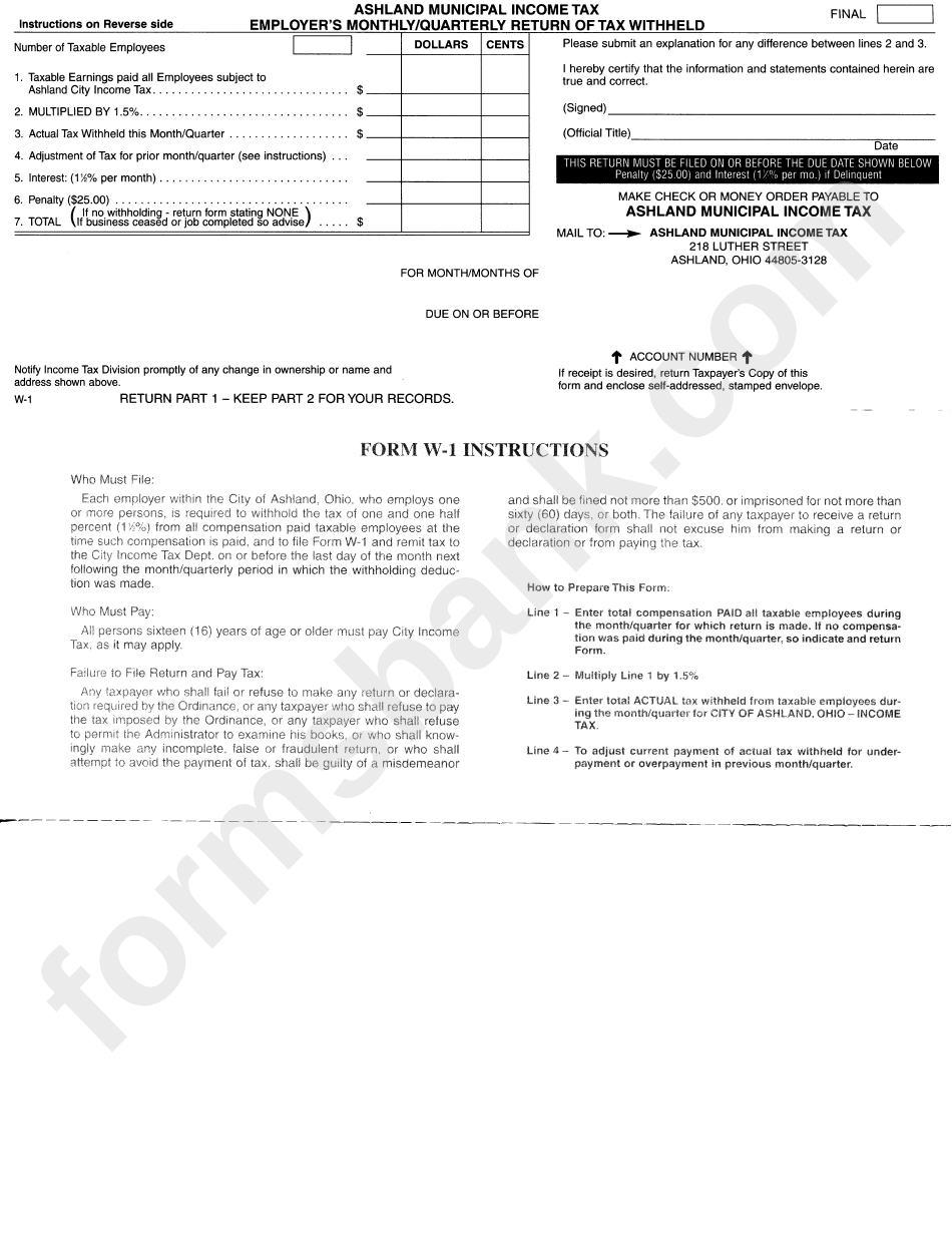 Form W1 Employer'S Monthly/quarterly Return Of Tax Withheld