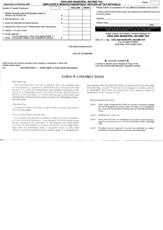 Form W1 Employer'S Monthly/quarterly Return Of Tax Withheld