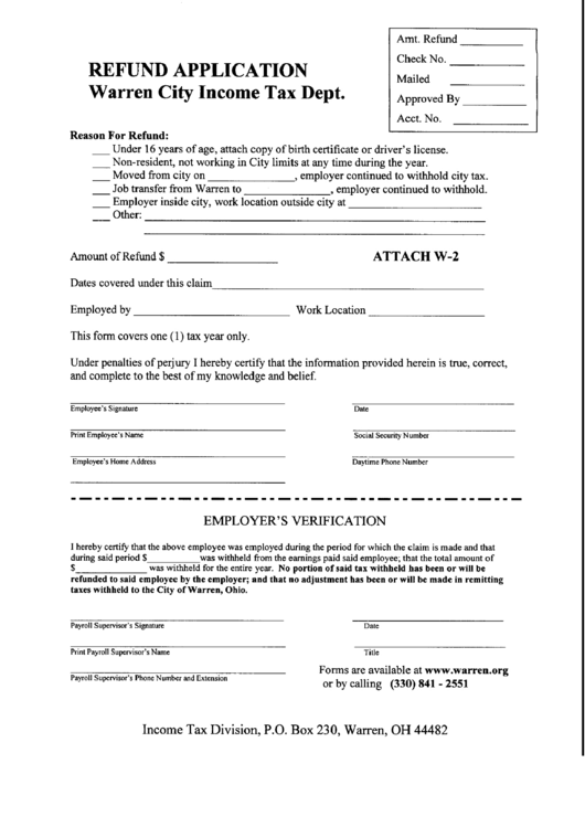 Refund Application Warren City Tax Dept. printable pdf download