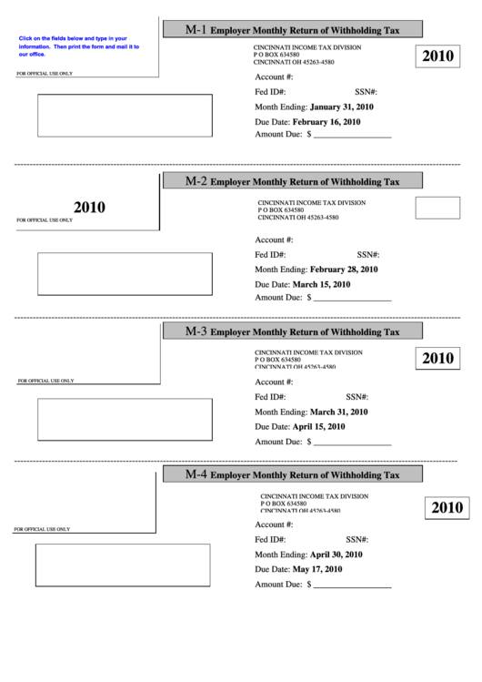 Fillable Form M1 Employer Monthly Return Of Withholding Tax 2010