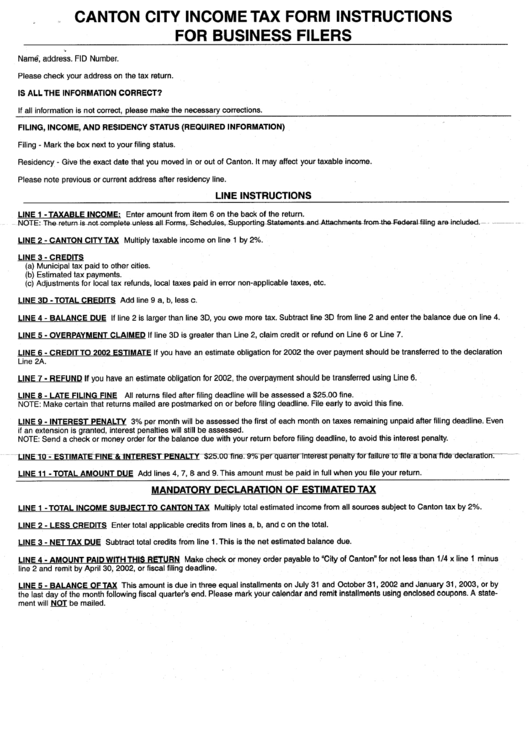 Tax Form Instructions For Business Filers Canton City printable