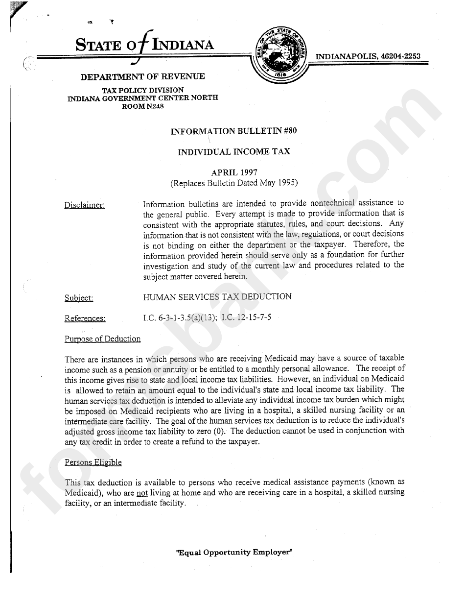 Individual Tax Information Bulletin Form Indiana Department Of