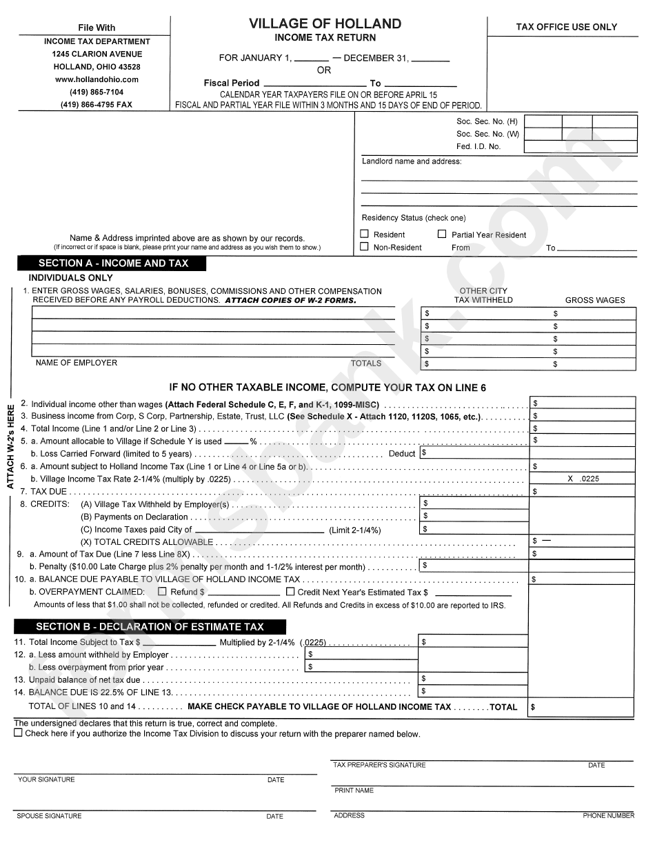 Village Of Holland Tax Return Form printable pdf download