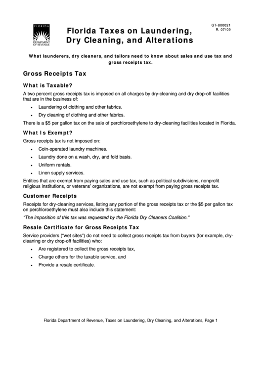 Florida Taxes On Laundering, Dry Cleaning, And Alterations Sheet 2009