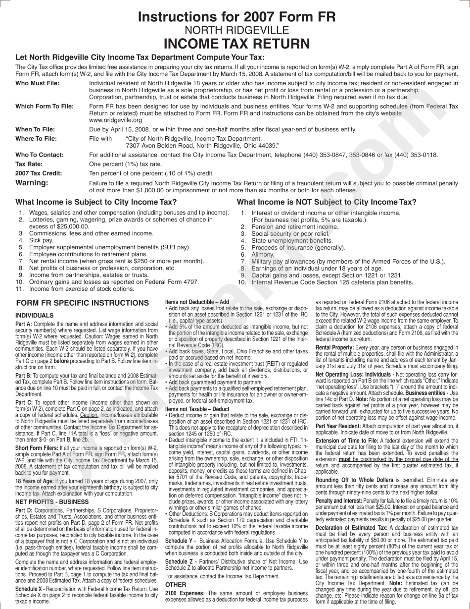 Instructions For 2007 Form Fr North Ridgeville Tax Return Ohio printable pdf download