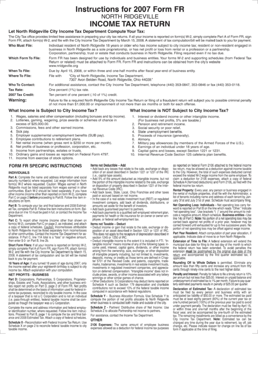 Instructions For 2007 Form Fr North Ridgeville Tax Return Ohio printable pdf download